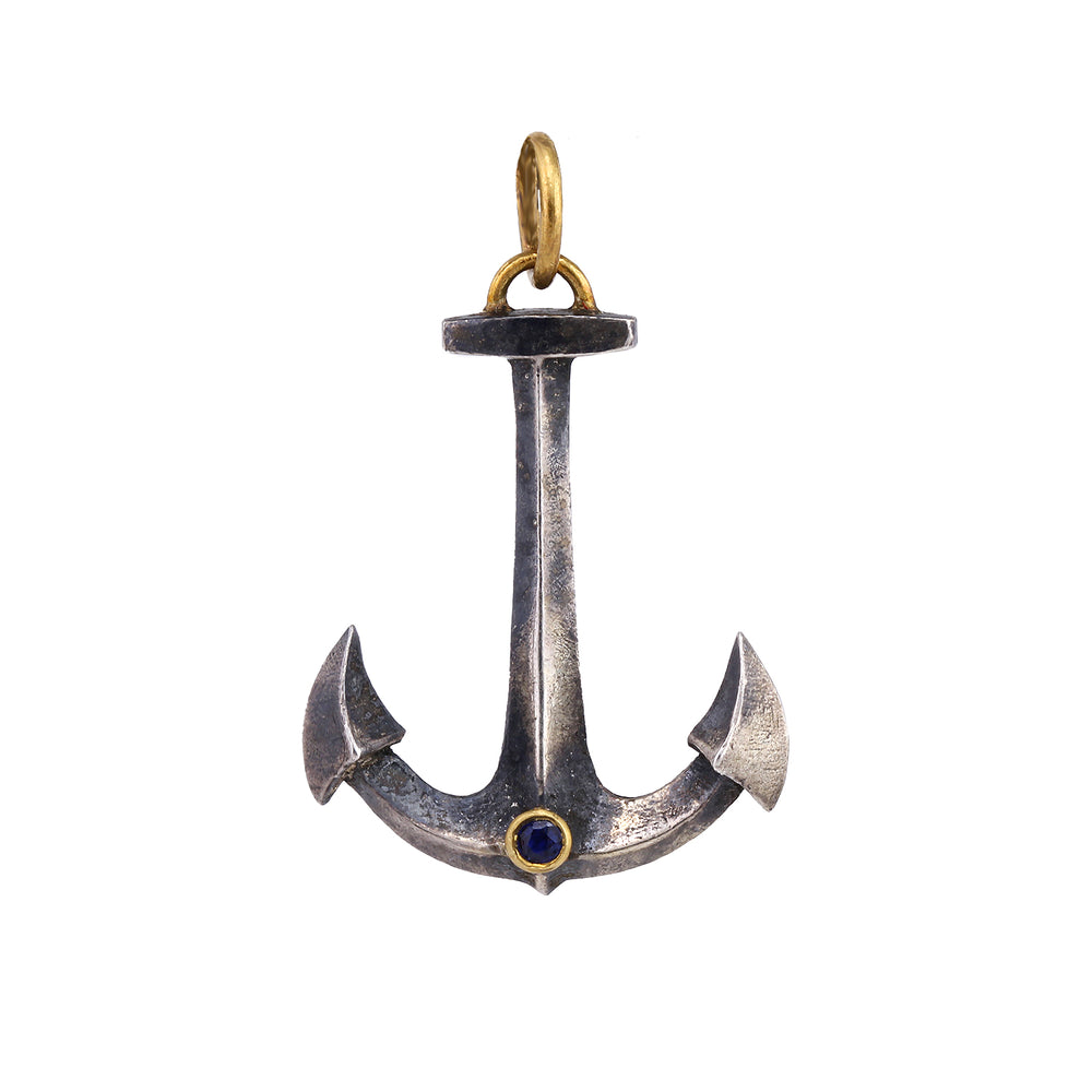Front-facing view of Sapphire Anchor Pendant by Prehistoric Works.