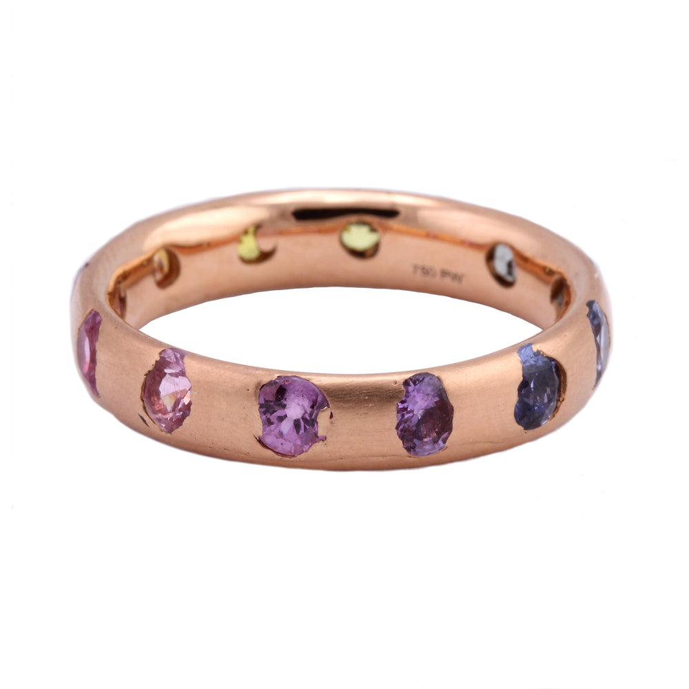 Angled rear-side view of Rose Gold Rainbow Narrow Celeste Ring by Polly Wales