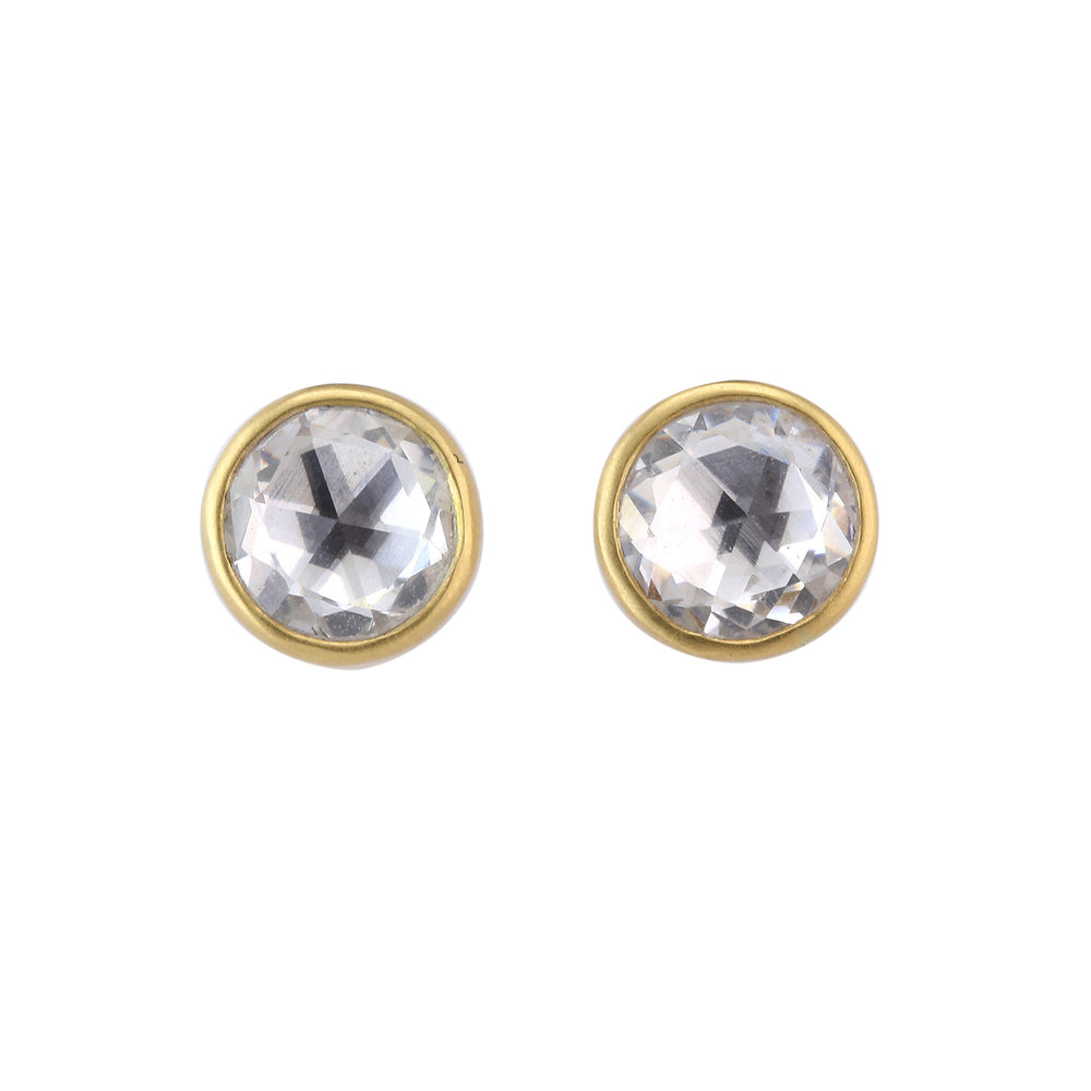 Front-facing view of Round White Sapphire Studs by Lola Brooks