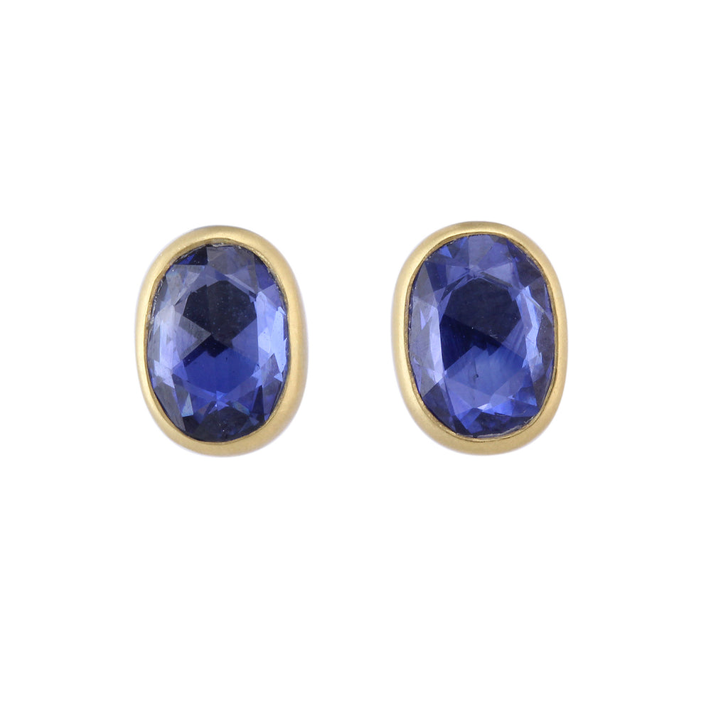 Front-facing view of Oval Blue Sapphire Studs by Lola Brooks