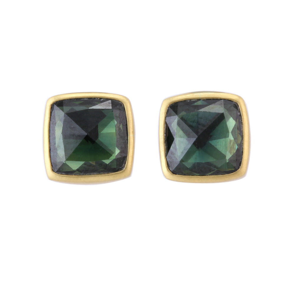 Front-facing view of Square Green Sapphire Studs by Lola Brooks