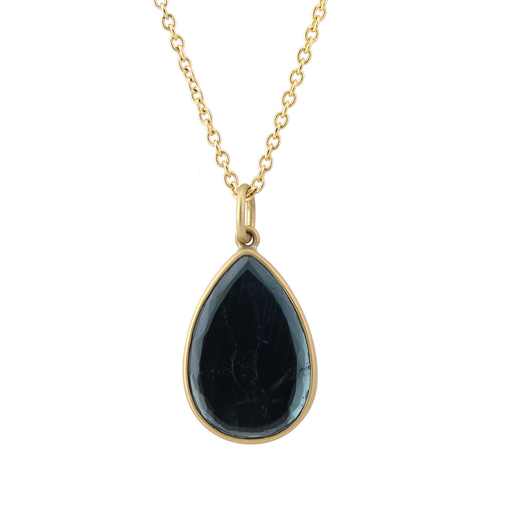 Detail view of Blue Tourmaline Teardrop Sequin Necklace by Lola Brooks