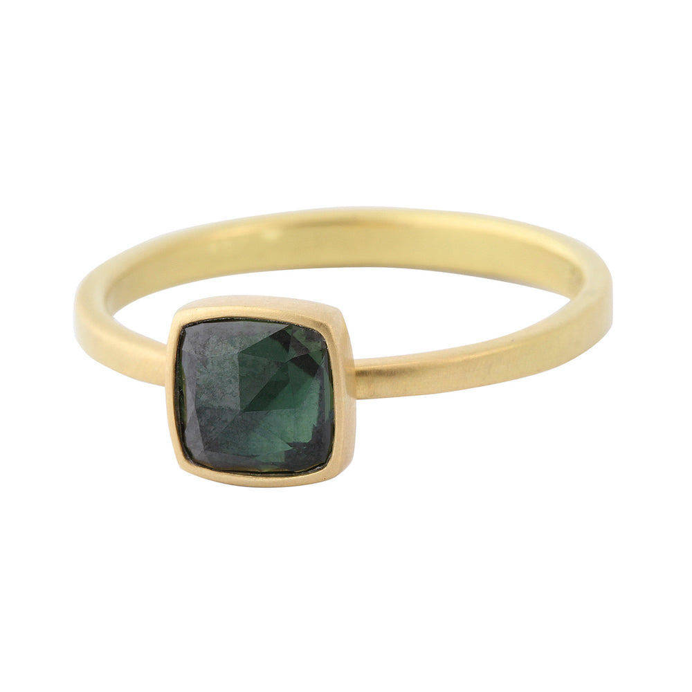 Angled view of Blue/Green Sapphire Cushion Ring by Lola Brooiks