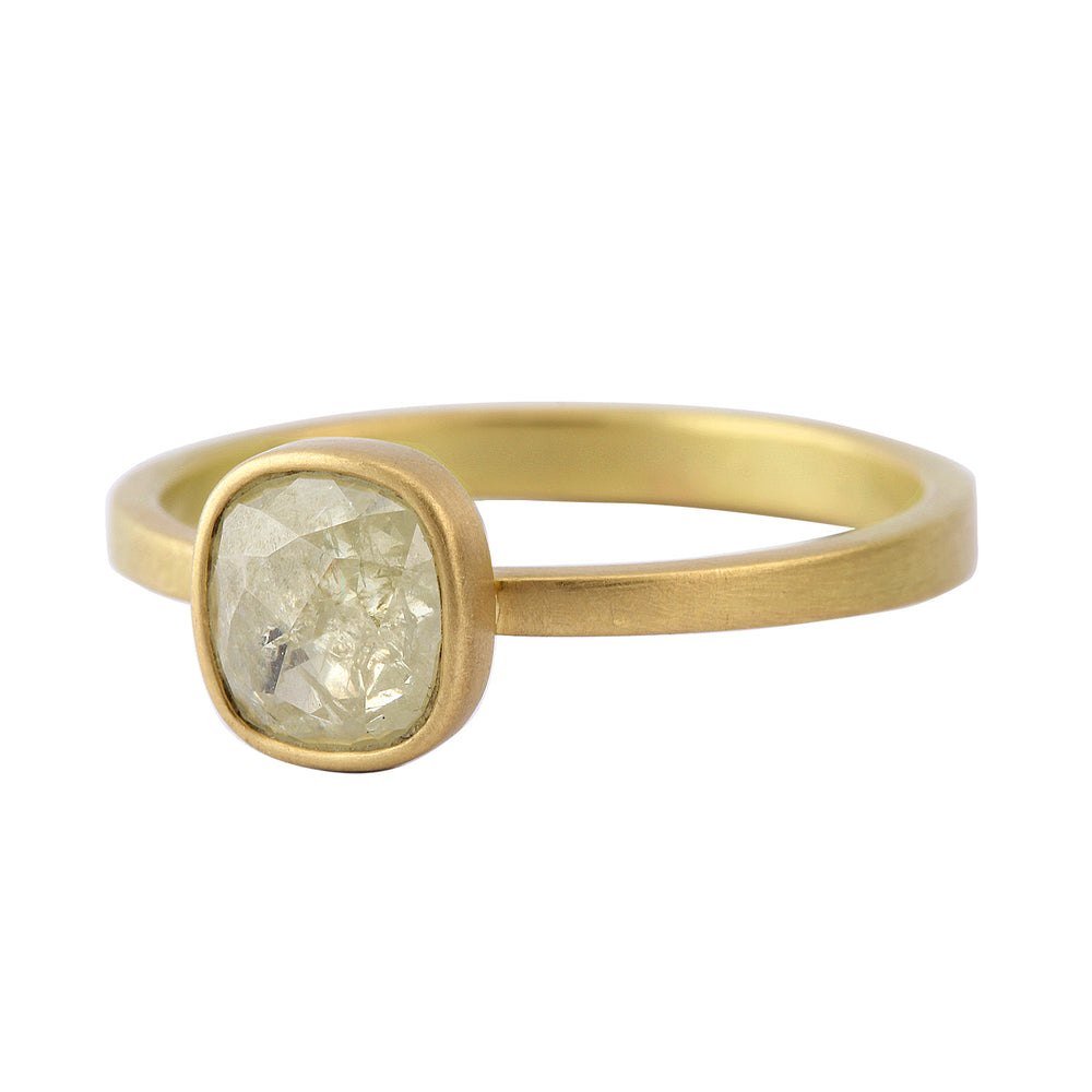 Angled view of Pale Butter Yellow Diamond Cushion Ring by Lola Brools