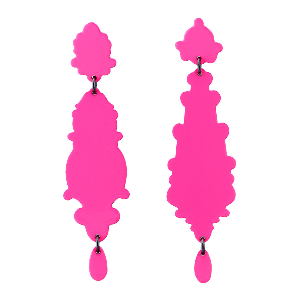 Front-facing view of Pink Asymmetrical Chandelier Earrings by Ashley Buchanan.