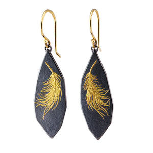 Front-facing view of Geometric Linear Feather Earrings by Edna Madera.