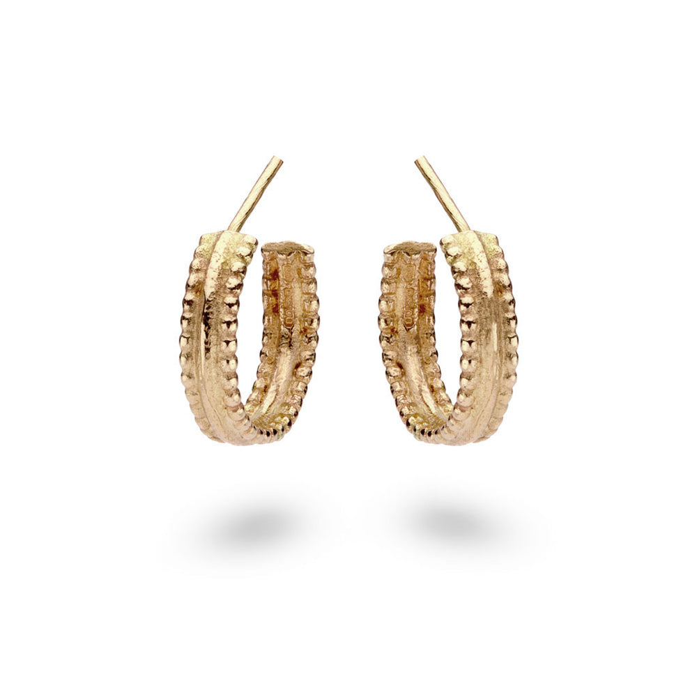 Angled view of Double Beaded Gold Hoops by Ruth Tomlinson