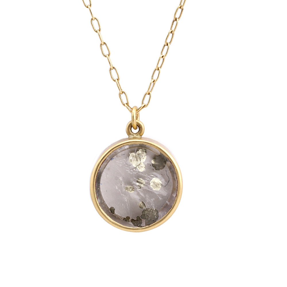 Detail view of 18k Gold Quartz Pendant with Pyrite by Lola Brooks