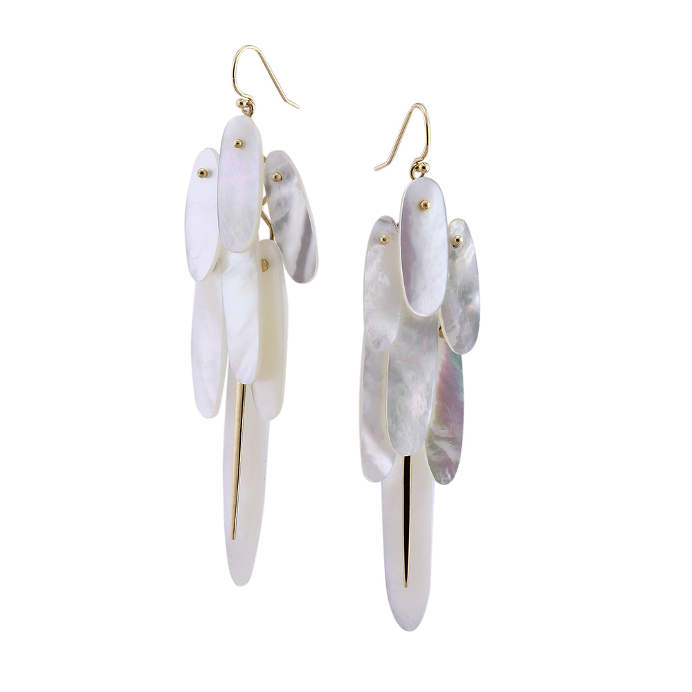 Front-facing view of Full Tail Feather Earrings with White Mother of Pearl by Rachel Atherley