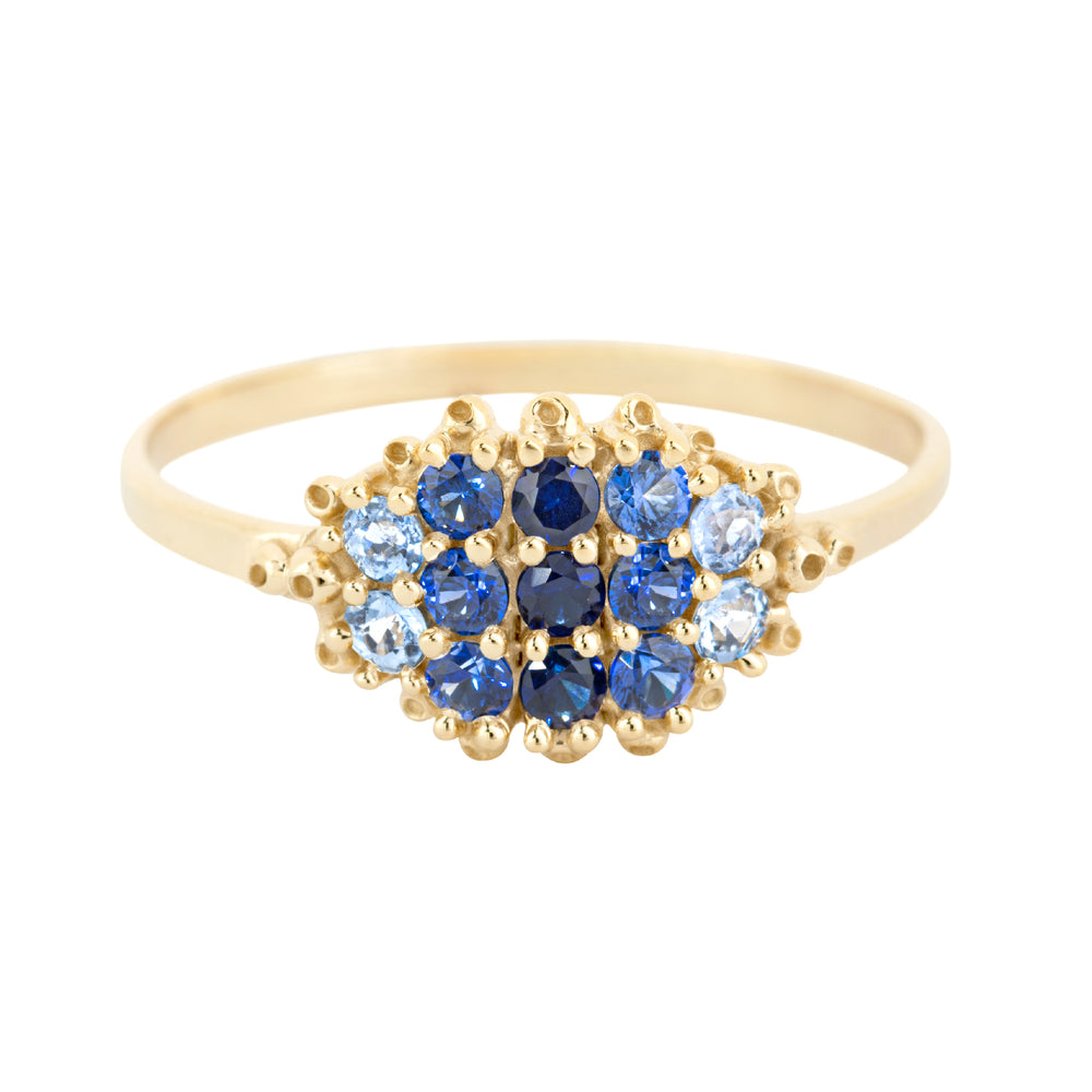 Front-facing view of Fereastra Ring with blue sapphires by Ruta Refien.