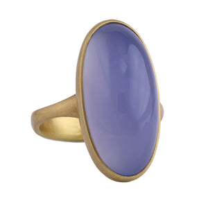 Angled view of Elongated Oval Blue Chalcedony Ring by Lola Brooks.