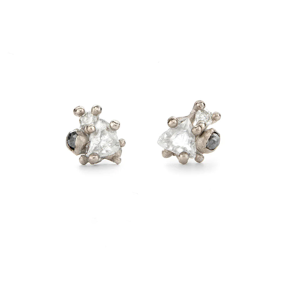 Front-facing view of Raw Diamond Cluster Stud Earrings by Ruth Tomlinson