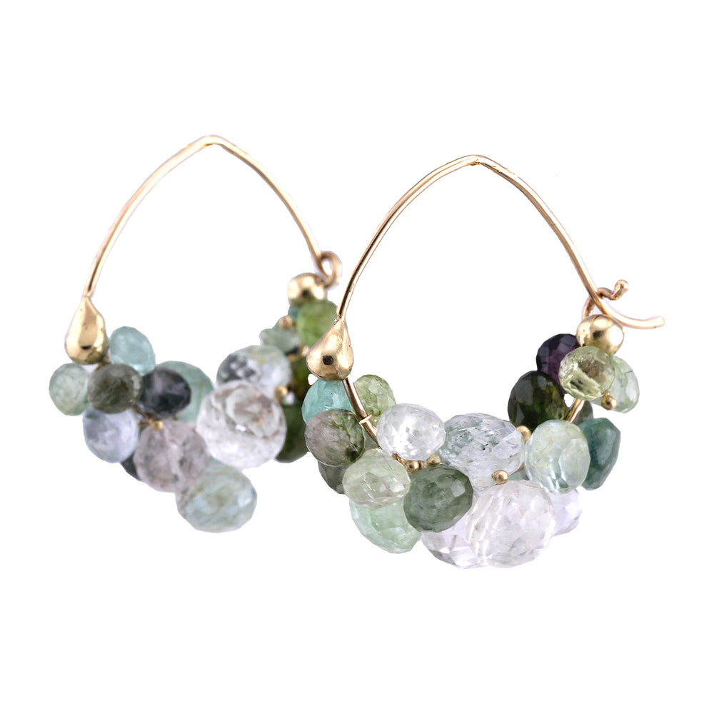 Angled view of Cloud Hoop Earrings with Green Tourmaline by Rachel Atherley