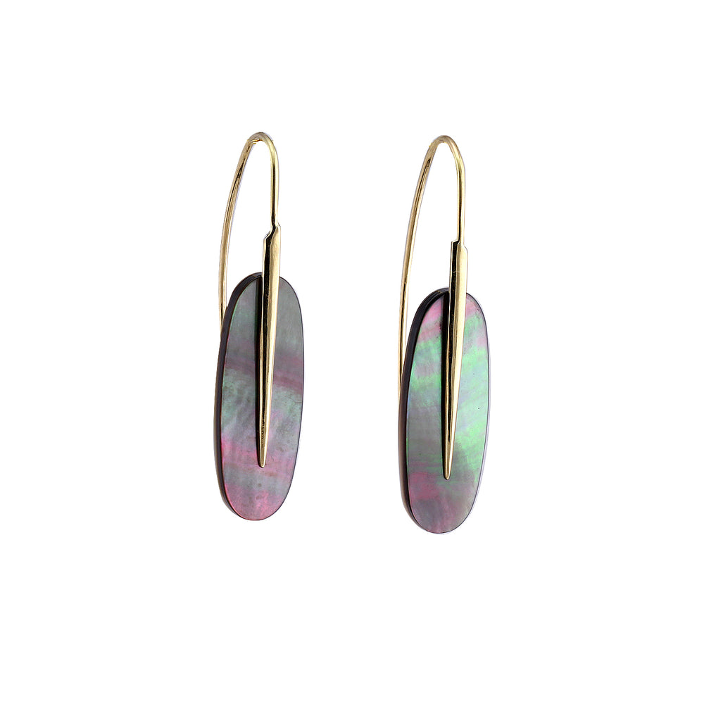 Front-facing view of Small Feather Earrings with Black Mother of Pearl by Rachel Atherley