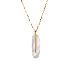Detail view of Small Feather Pendant with White Mother of Pearl by Rachel Atherley