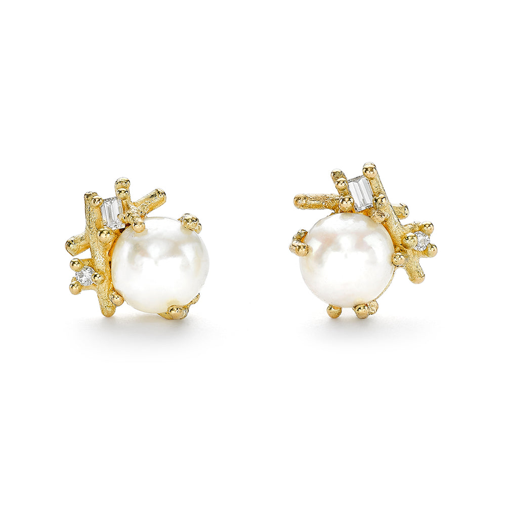 Front-facing view of Pearl and Baguette Diamond Studs by Ruth Tomlinson.