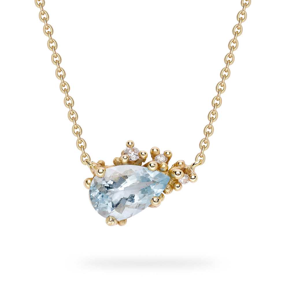 Detail view of Aquamarine and Diamond Encrusted Pendant by Ruth Tomlinson.