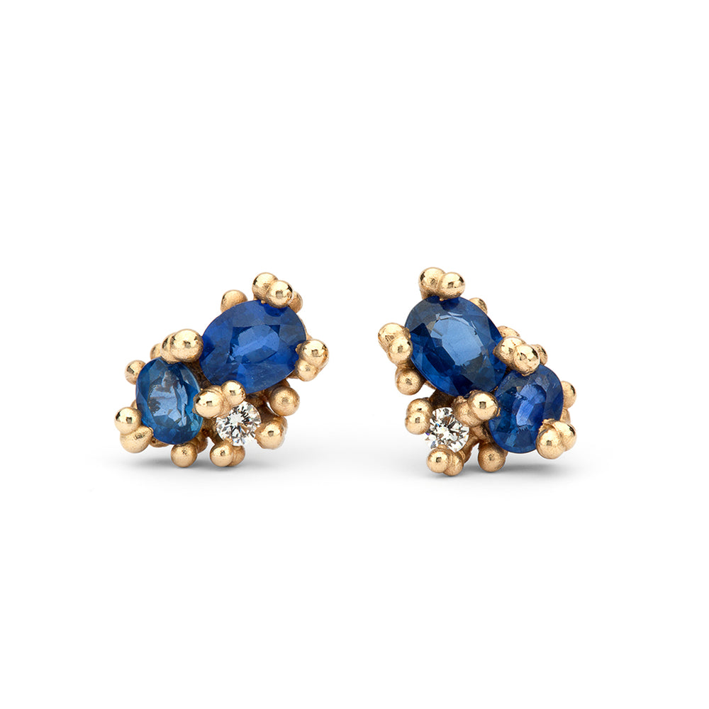 Front-facing view of Sapphire Studs with Diamonds by Ruth Tomlinson.