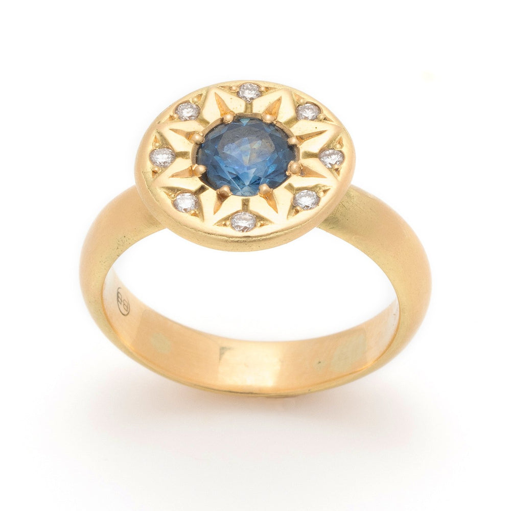 Ancient Flower Ring by Betsy Barronin 18k yellow gold with sapphire and diamonds