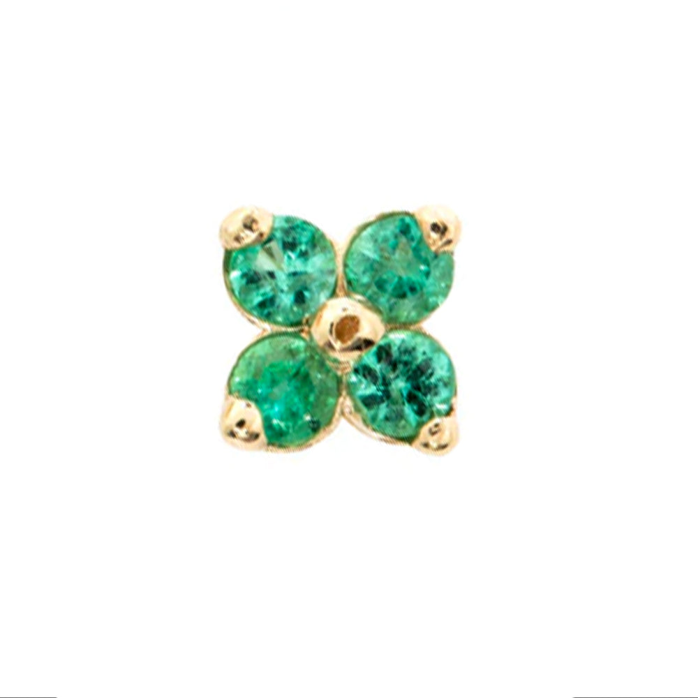 Front-facing view of Clover Stud with emeralds by Ruta Reifen.