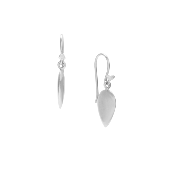 Angled view of Ravan Drop Silver Earrings by Dan-Yell.