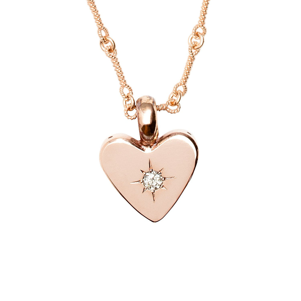 Detail view of Small Classic Heart Necklace - Rose, with white diamond,  by Betsy Barron Jewellery