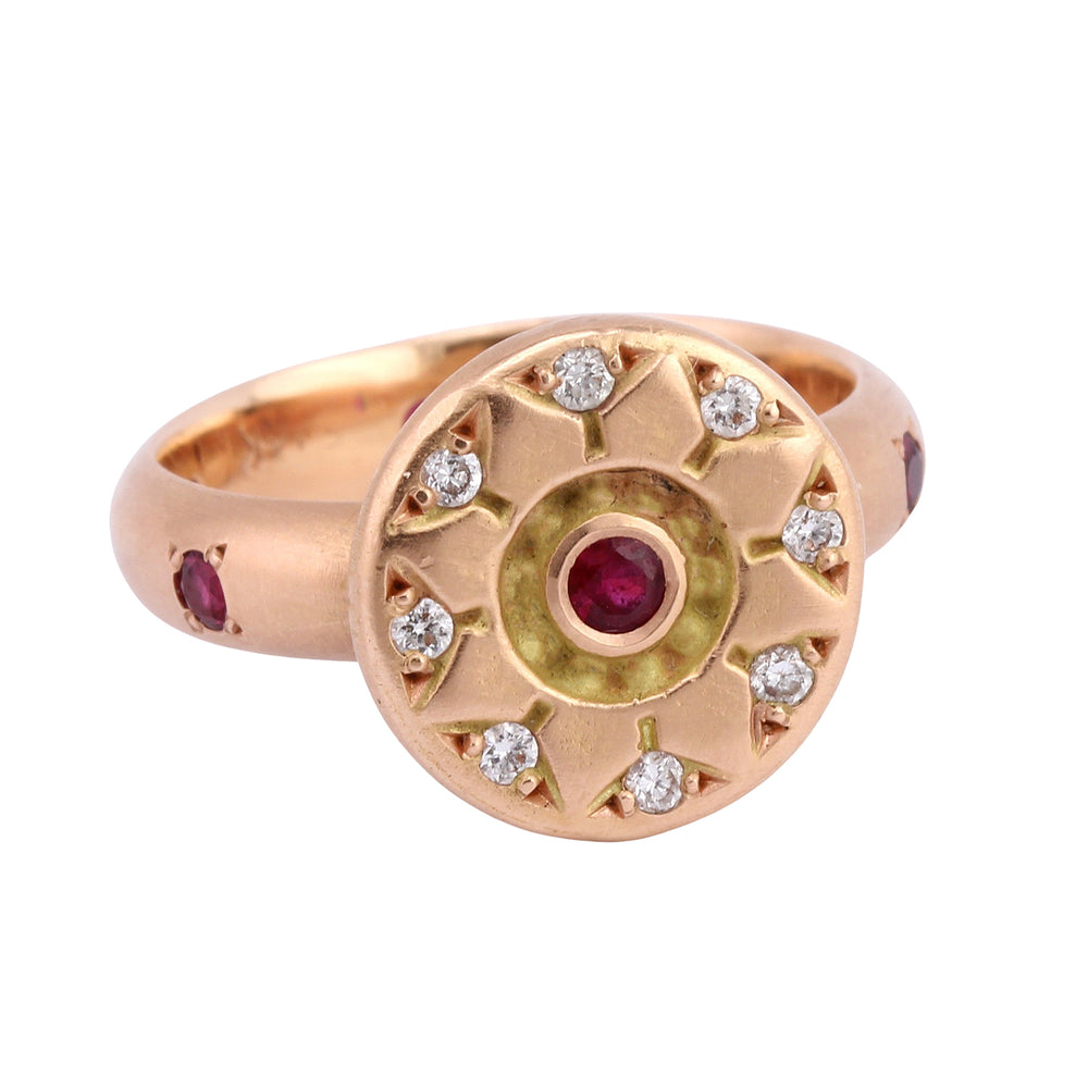 Ancient Flower Ring in 14k rose gold with diamonds and rubies by Betsy Barron