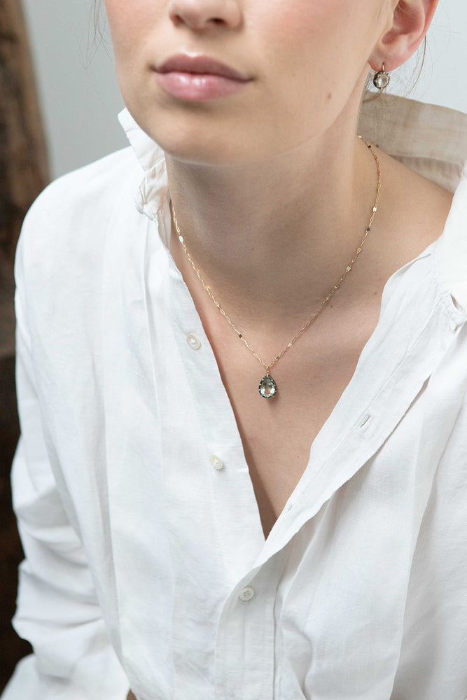 Detail view of model wearing Sofia Green Amethyst Necklace by 5 Octobre