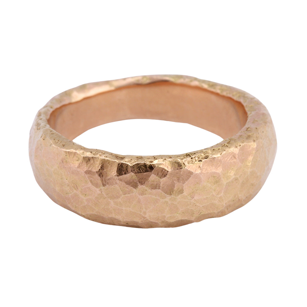 Front-facing view of 14k Rose Gold 7mm Hammered Band by Betsy Barron Jewellery