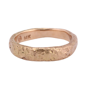 Front facing view of 14k rose gold narrow lava band by Betsy Barron Jewellery