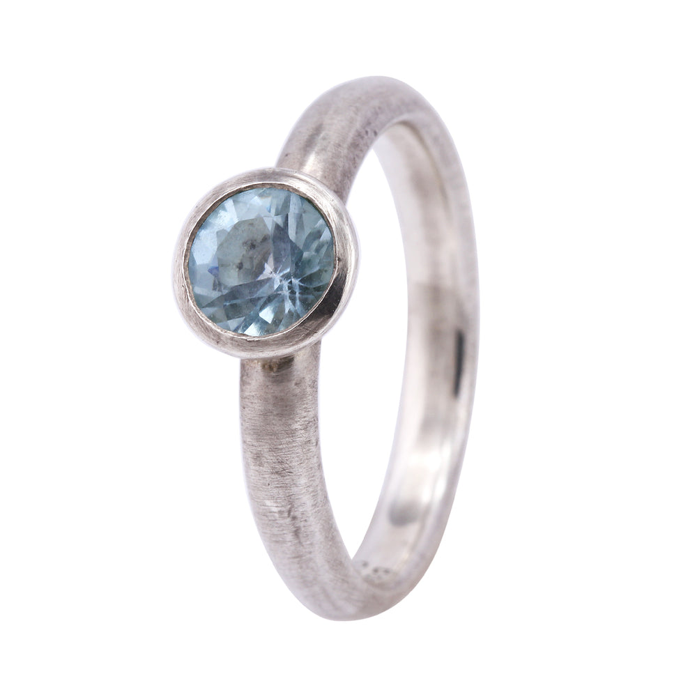 Angled view of Alison Ring with Aquamarine in sterling silver by Betsy Barron