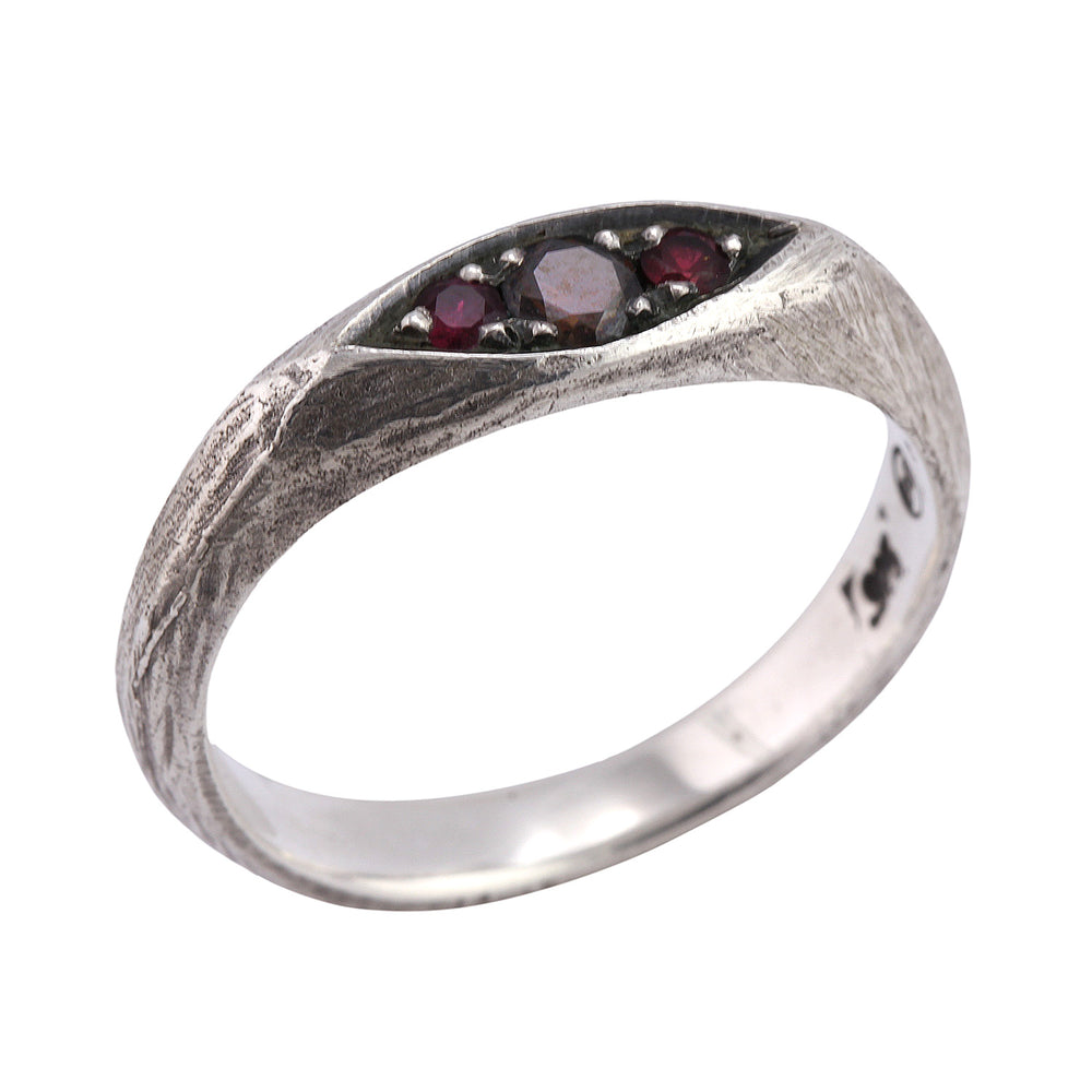 Remy Ring in sterling silver with black diamond and rubies by Betsy Barron Jewellery