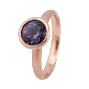 Angled view of Emily Ring with Lavender Spinel in rose gold by Betsy Barron.