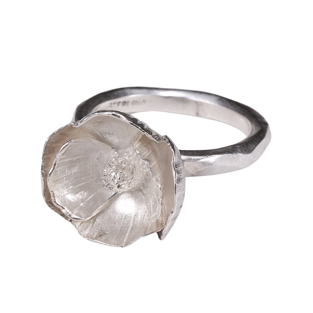 Angled view of SS poppy ring by Elise Moran