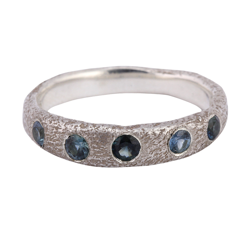 Front-facing view of narrow molten band in Sterling Silver w/ 5 Blue Sapphires, by Betsy Barron Jewellery