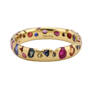 Angled front-side view of Yellow Gold Rainbow Confetti Narrow Band by Polly Wales