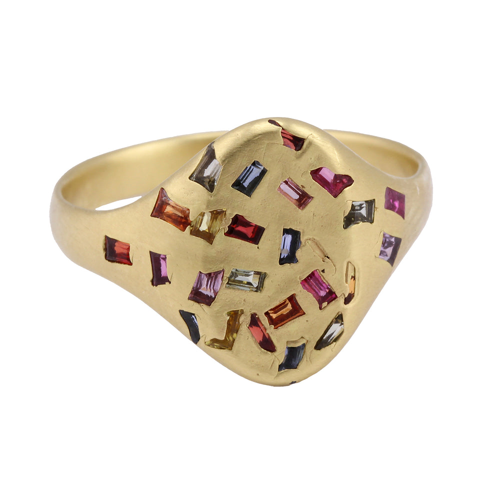 Angled front-facing view of Yellow Gold Rainbow Baguette Oval Signet Ring by Polly Wales