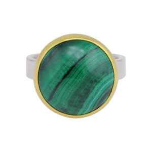 Front-facing view of Round Cabochon Malachite Ring by Sam Woehrmann.