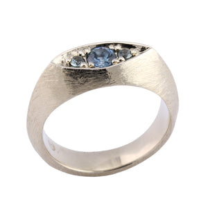 Angled view of 14k white gold guardian eye ring with 4.3mm Montana sapphire center stone and two 2.5mm pale blue montana sapphire side stones by Betsy Barron.