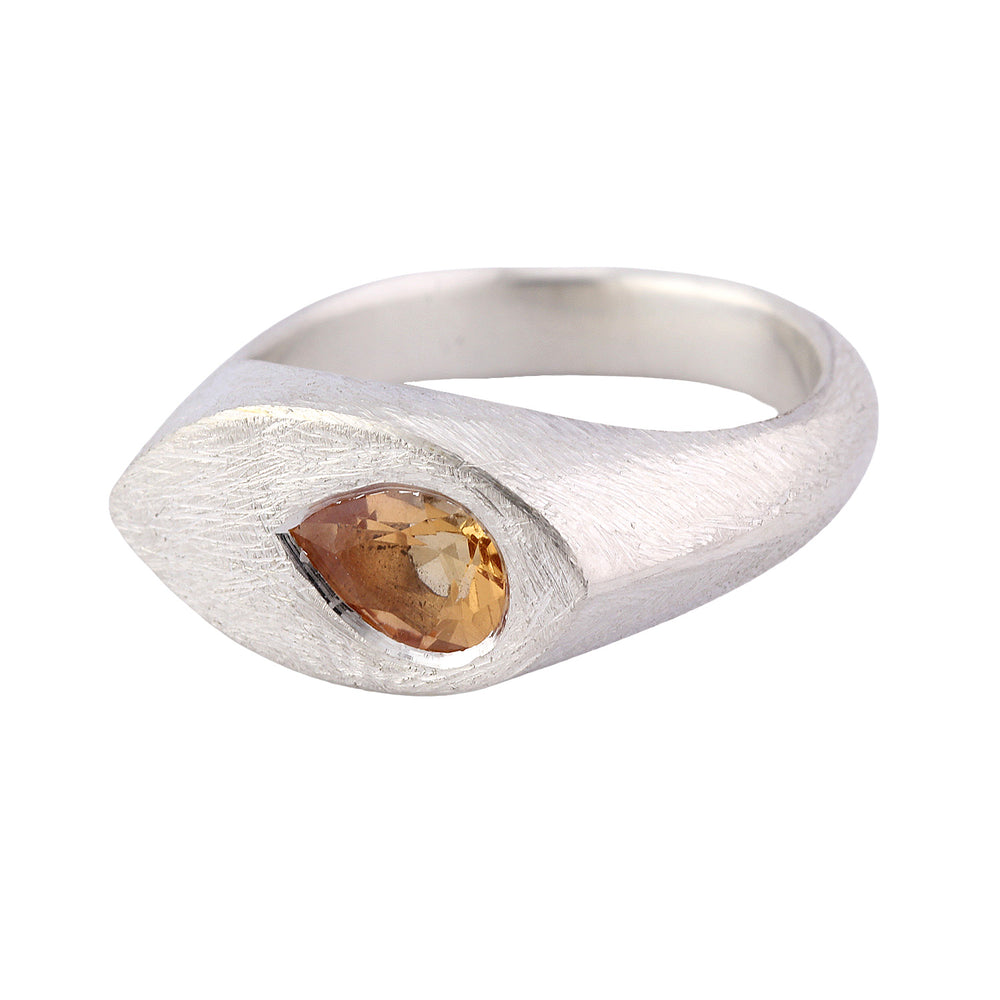 Angled view of Eden ring with pear shaped precious topaz by Betsy Barron Jewellery