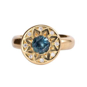 Front-facing view of Ancient Flower ring with Montana Sapphire and diamonds by Betsy Barron