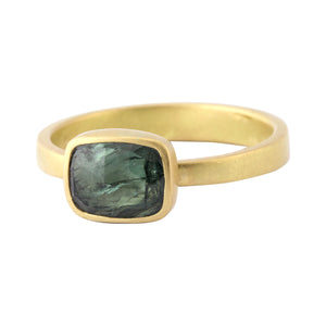 Angled view of Green Umbra Sapphire East-West Cushion Ring by Lola Brooks