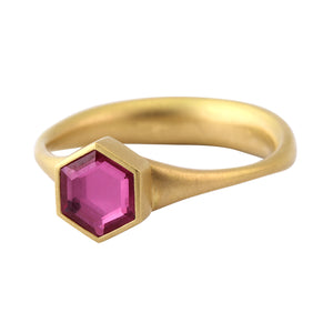 Angled view of Pink Hexy Sapphire Ring by Lola Brooks