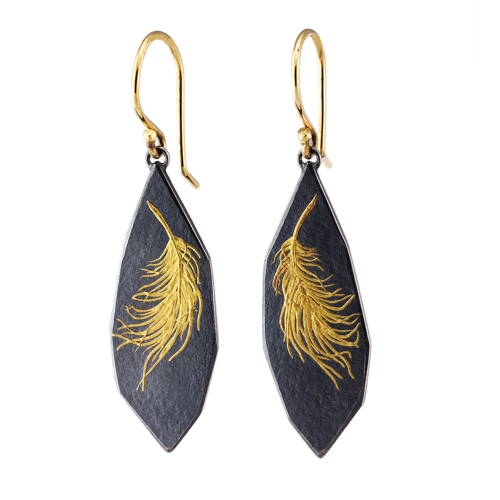 
            
                Load image into Gallery viewer, Front-facing view of Geometric Linear Feather Earrings by Edna Madera.
            
        