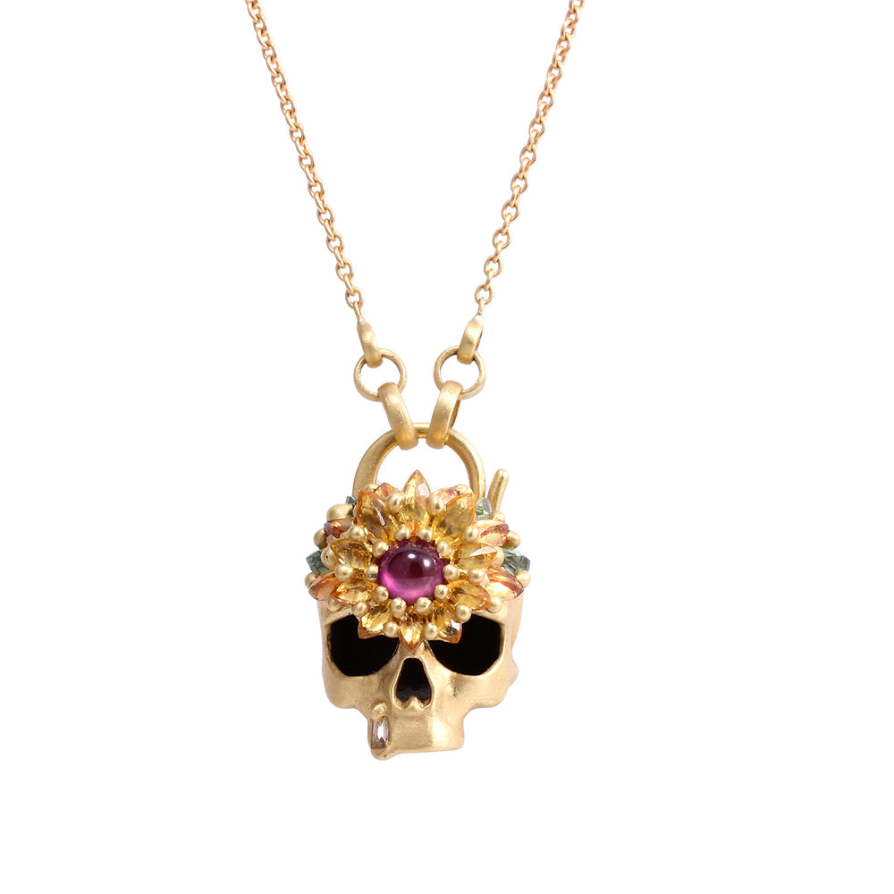 Rainbow Daisy Skull Padlock Necklace