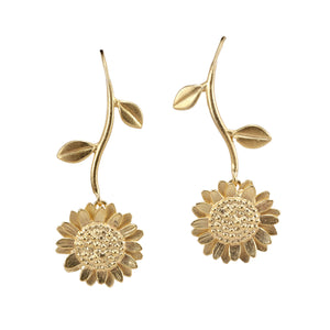 Front-facing view of Vermeil Sunflower and Stem Earrings by Elise Moran