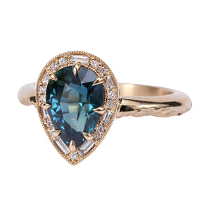 Angled front view of Hidden Gate Blue Green Sapphire and Diamond Ring by The North Way Studio