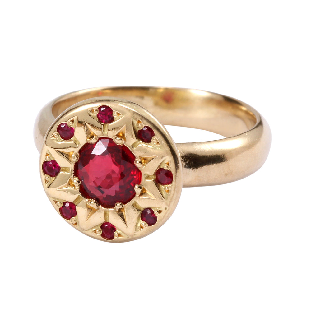 Angled-front view of Ancient Flower ring with rubies by Betsy Barron