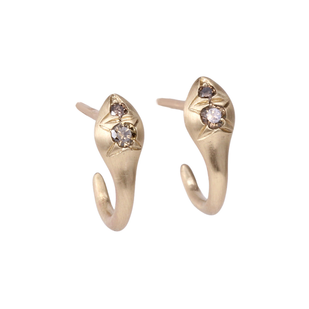 Angled view of Prem Diamond Earrings in 10k yellow gold with brown diamonds by dan-yell