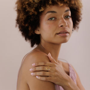 Model wearing Rainbow Halo Ring by Sia Taylor